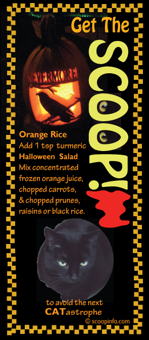 Halloween SCOOP Orange Rice Add 1 tsp  turmeric To make it orange.  Halloween  Salad  Mix concentrated frozen orange juice, chopped carrots, & chopped prunes,  raisins or black rice. 